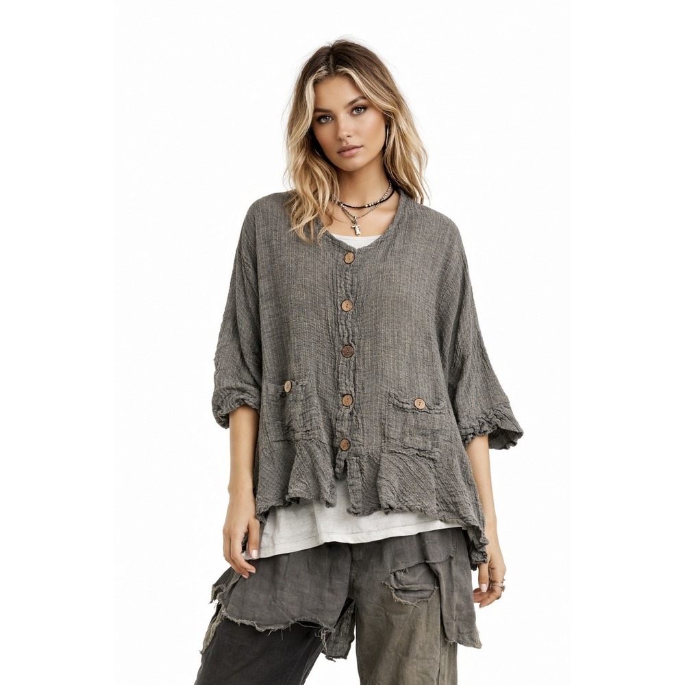 LUUKAA Linen Blend Beige Textured Button Front 3/4 Sleeve Top Jacket US 10 M